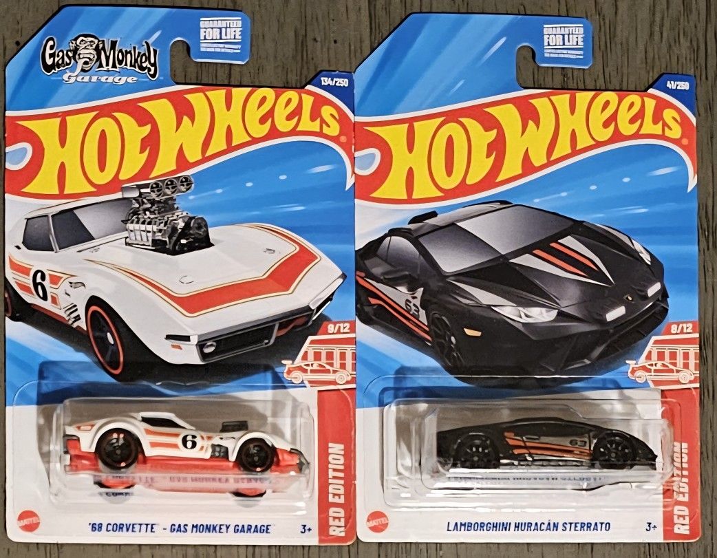 Hot Wheels RED EDITION both cars (Lamborghini Huracan Sterrato and '68 Corvette - Gas Monkey Garage
