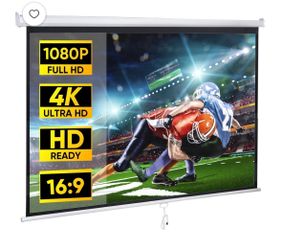 80" 16:9 HD Manual Pull Down Projector Screen Anti-Crease Foldable Portable Projection Screen for Home Theater Cinema Office, White
