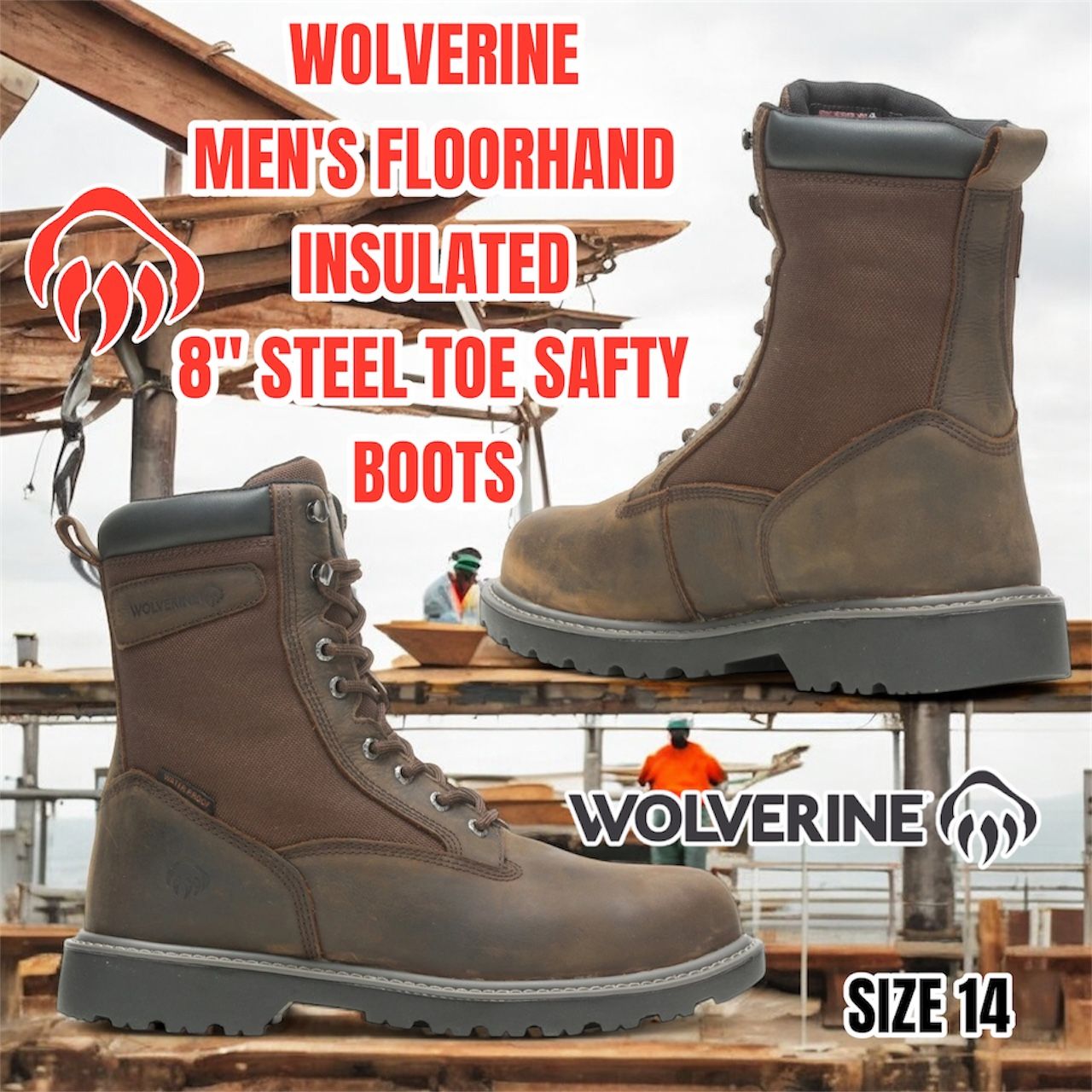 WOLVERINE MEN'S FLOORHAND INSULATED 8" STEEL TOE SAFTY BOOT (BROWN) SIZE 14