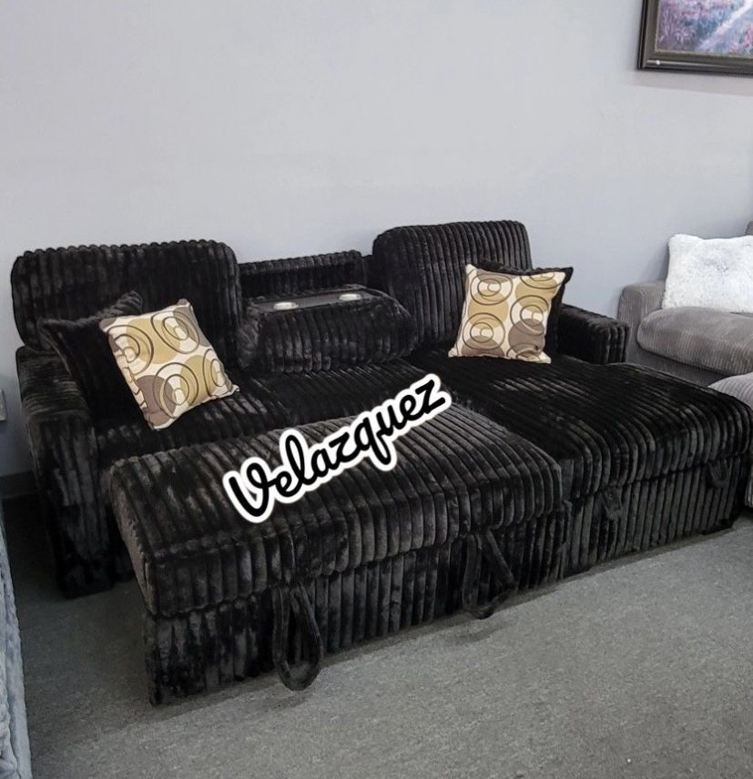 ✅️✅️2 pc Black fur like corduroy fabric sectional sofa with pop up sleep area and storage chaise drop down tray table USB ports✅️✅
