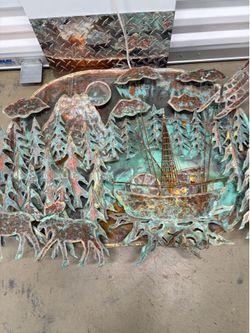 Rustic Patinated Metal Wall Art with water-plane and forest and moose