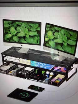Monitor Stand - 2 Tier Metal Riser ( Black ) for 2 Computers w/ 2 Drawer Storage & Reusable Cable Ties for Printer, TV.