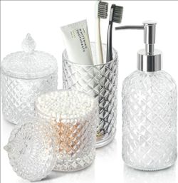 Bathroom Accessories Set, 4 Pack Clear Glass Bath Accessory Sets Complete, Diamond Soap Dispenser and Toothbrush Holder Set for Bathroom Counter Organ