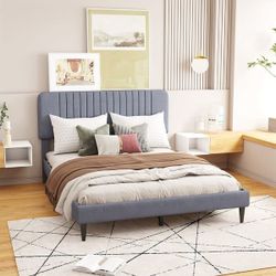 NEW Gray Queen Size Upholstered Platform Bed