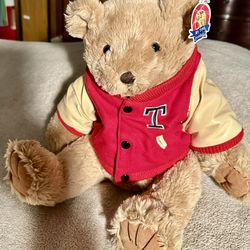 Bear wearing varsity (letterman) jacket "T"- jacket red & black w/ silver thread