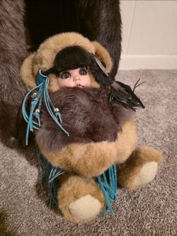 Renee Tompkins Cuddle Kins Native American Porcelain Doll Baby Doll 1991 Real Fur Wigwam Eskimo Bear Indian Hut Cuddle-Kins