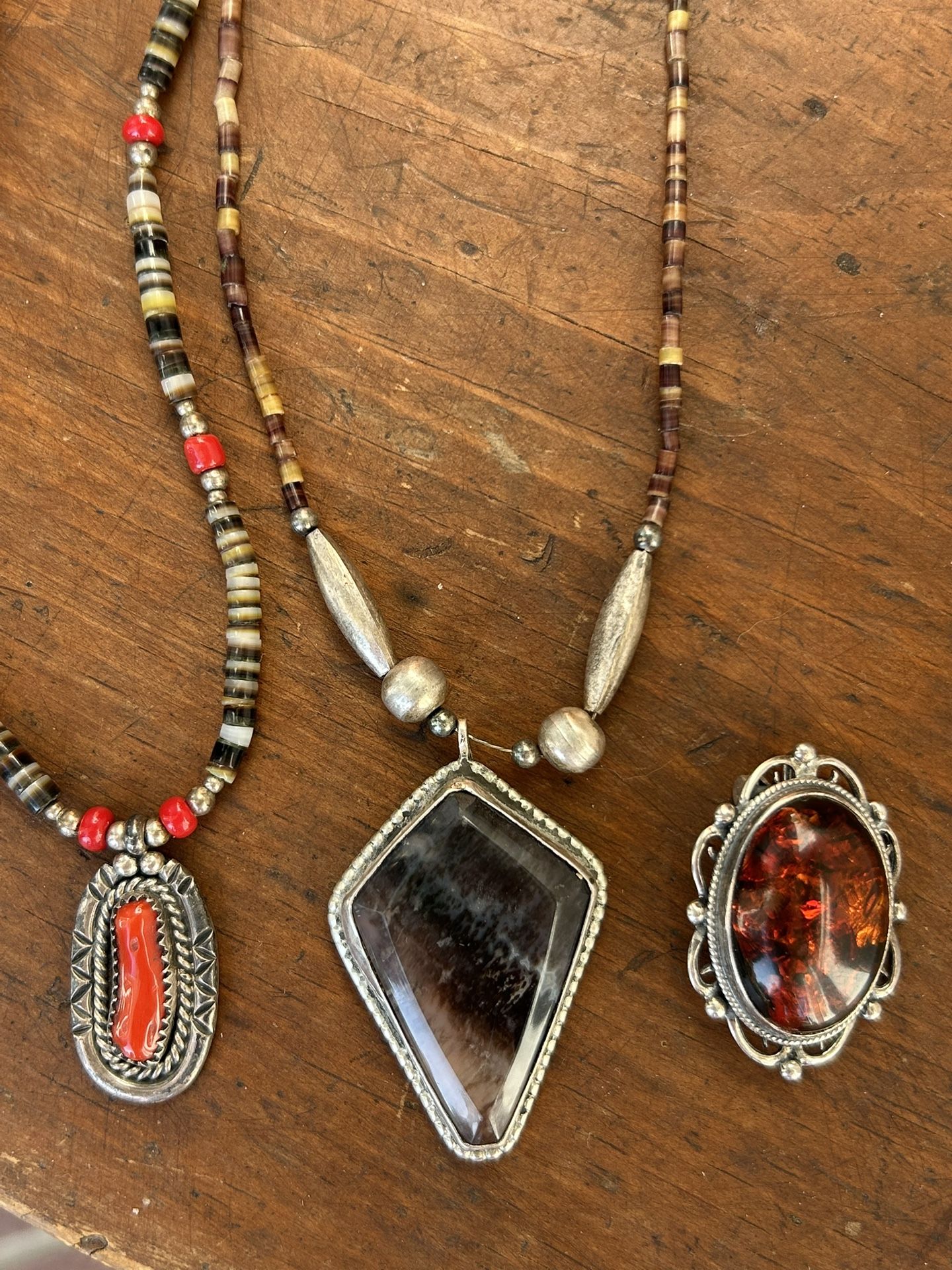Vintage Native Sterling Silver Coral Necklace Jewelry Amber Pendant Brooch Beads Rare Handcrafted Real Polished Agate Stone Antique Jewelry