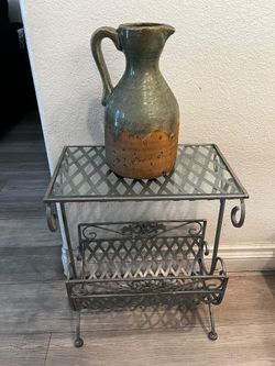 Vintage Wrought Iron Magazine Rack with Decorative Pottery Vase