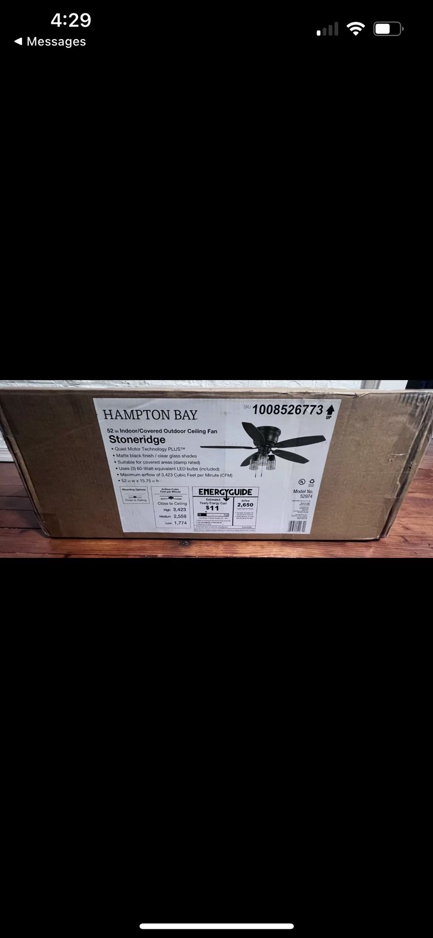 Hampton Bay Stoneridge 52 in. Indoor/Outdoor LED Matte Black Hugger Ceiling Fan