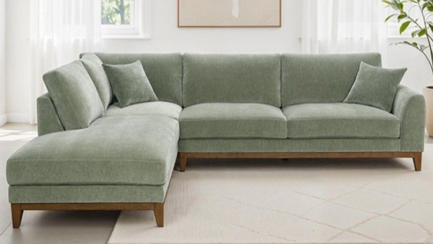 Brand New Olive Green Chenille Mid-Century Modern Style Sectional Sofa