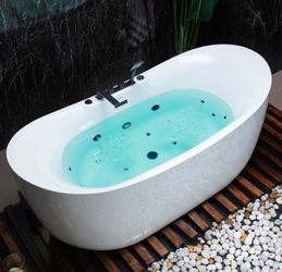 BM400+F0051MB WOODBRIDGE 72" × 35-3/8" Whirlpool and Air Bath Heated Soaking Combination Tub with Adjustable Speed Air Blower, Tub Filler, and LED con