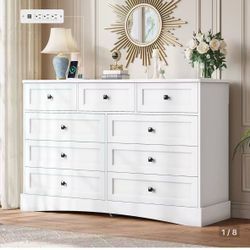 Dresser for Bedroom with 9 Drawers, 51.2" Large Drawer Dressers with Charging Station, Wide Farmhouse Dressers Chest of Drawers, Wooden Storage Tower 