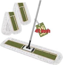 41 inch Commercial Dust Mop for Janitor: Dust Broom for Hardwood Floor Cleaning 2 Large Heavy Duty Pads, Industrial-Grade Durability, 360° Swivel, Wet