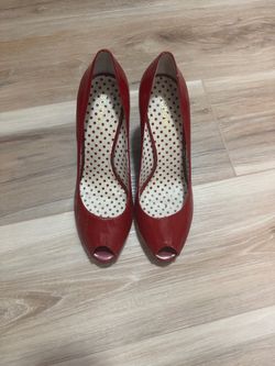BCBG Red Patent Leather Peep-Toe Heels