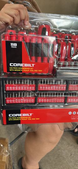Corebilt 118-piece set includes a magnetic tray and various standard and precision screwdrivers.