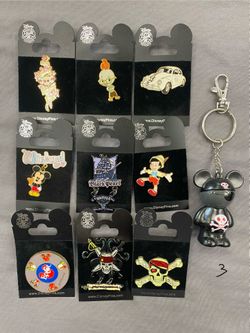 Disney Parks Trading Pins Lot of 9 + Pirate Mickey Keychain Pinocchio Herbie Epcot