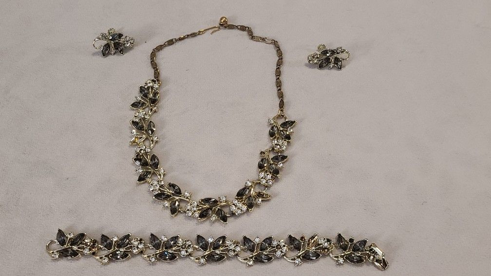 Vintage Lisner Smoky Quartz Rhinestone Necklace Bracelet & Earrings Parure Set