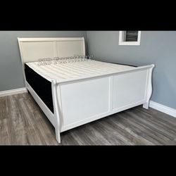 Queen White Sled Wood Bed With Ortho Mattress Included 