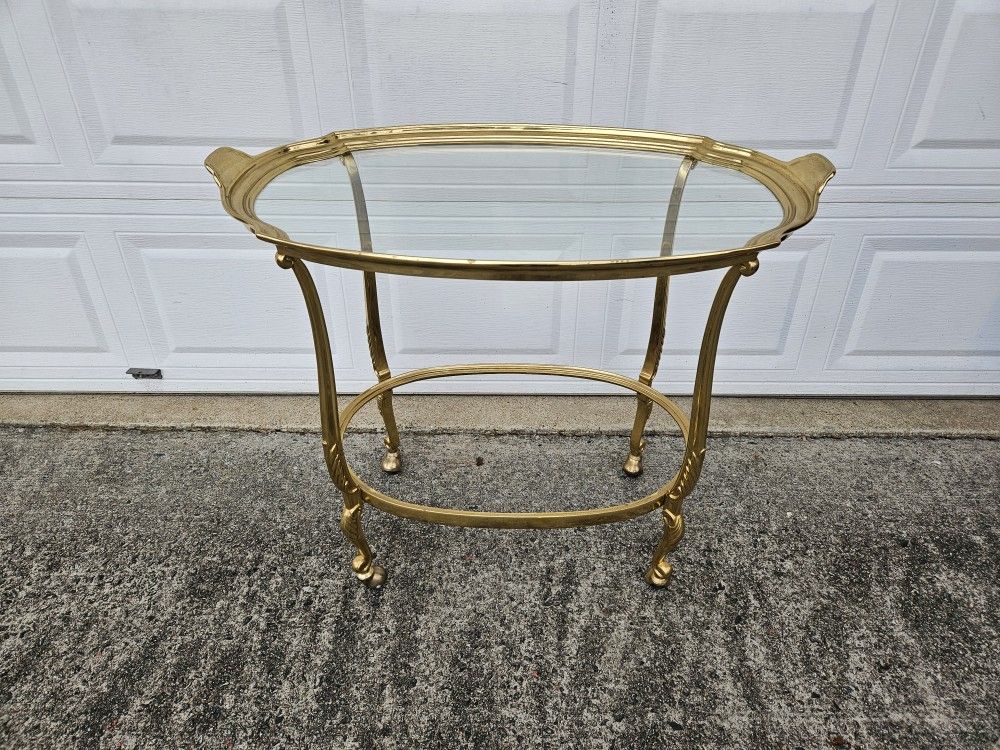 Vintage Solid Brass and Glass Top Serving Bar Cart 