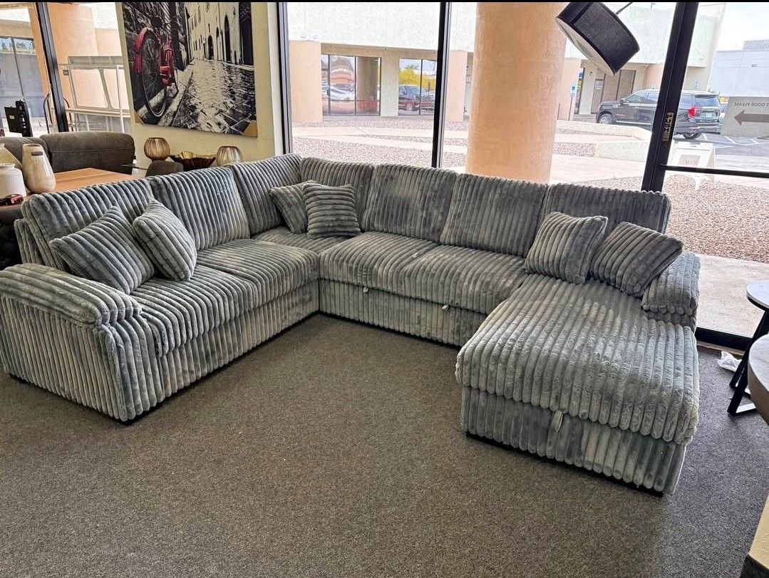 LARGE CAPACITY GREY BRAND NEW CORDUROY SECTIONAL SAME DAY DELIVERY