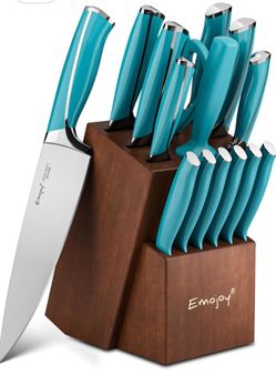 Knife Set, Kitchen Knife Set with Block Wooden, Emojoy 15-Pieces Knife Block Set Stainless Steel Kitchen Knives and Serrated Steak Knives,Blue Chef Kn