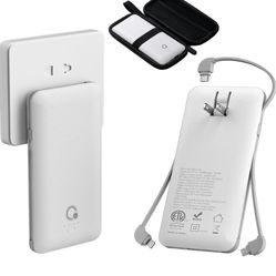 Q 10000mAh Power Bank, Slim Portable Charger,4 Output External Battery Pack with Built-in AC Wall Plug Micro USB C 3 Cables Compatible with iPhone Sam