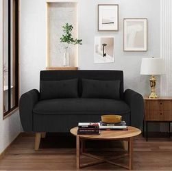 Black 48'' Loveseat Sofa, Mid-Century Modern Upholstered Couch Deep Seat with 2 Pillows