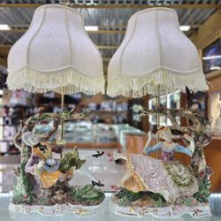 Pair of Vintage Italian Capodimonte Porcelain Figurine Lamps w/ Philips Hue Smart Bulbs