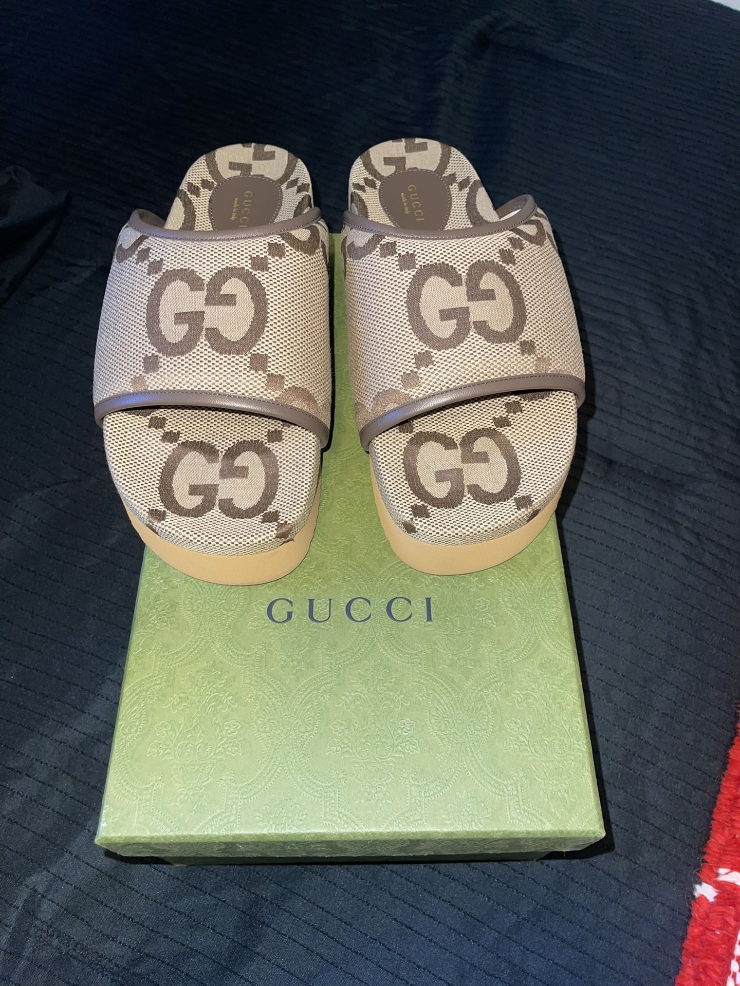 GUCCI GG JUMBO NAPPA CANVAS PLATFORM SLIDE SANDALS