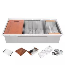 eModernDecor 16-Gauge Stainless Steel 42 in. Single Bowl Drop-In Workstation Kitchen Sink with Accessories