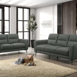 Brand New Grey Leather Modern Style Sofa & Loveseat 