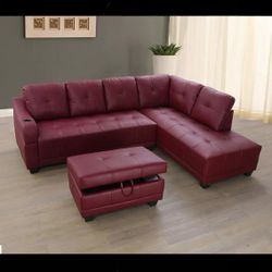 New Red Leather Sectional Sofa / Couch with Chaise and Ottoman (Can Deliver)