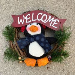Penguin Winter Welcome Wreath 8"