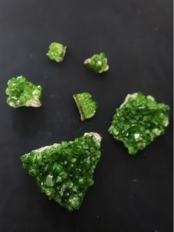 Vibrant green quartz crystal clusters in various sizes. These specimens have a druzy crystalline structure with a white matrix base. The set includes