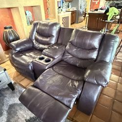 Genuine Leather Reclining Loveseat w/ Console & Cup Holders 