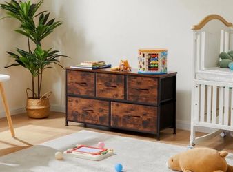 Rustic Brown 5-Drawer Dresser Chest, Metal Frame Pull Handles