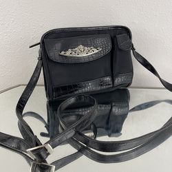 Vintage Y2K Black Faux Leather Croc Embossed Grunge Angel Cherub Crossbody Purse