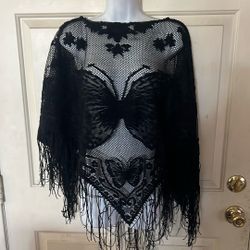 Black Lace Shawl Butterfly Print 