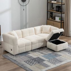 88" Ivory / Cream Teddy Fabric 3-Person Sectional Sofa w/ Storage Ottoman & 2-USB Ports [NEW] **Retails for $870 <<Assembly Req>> 