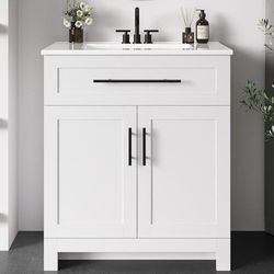 30" Bathroom Vanity with Sink, 1 U-Shaped Drawer & 2 Doors, White