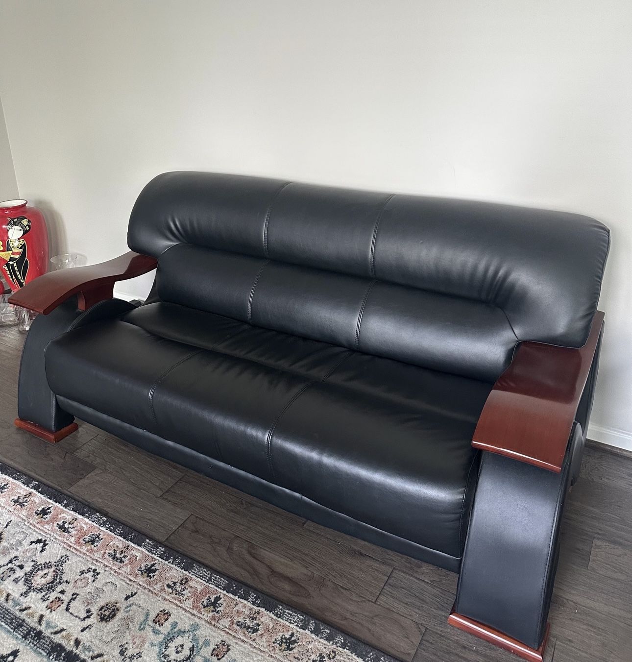 Modern Black Leather 3 Piece Sofa Set with Wood Accents