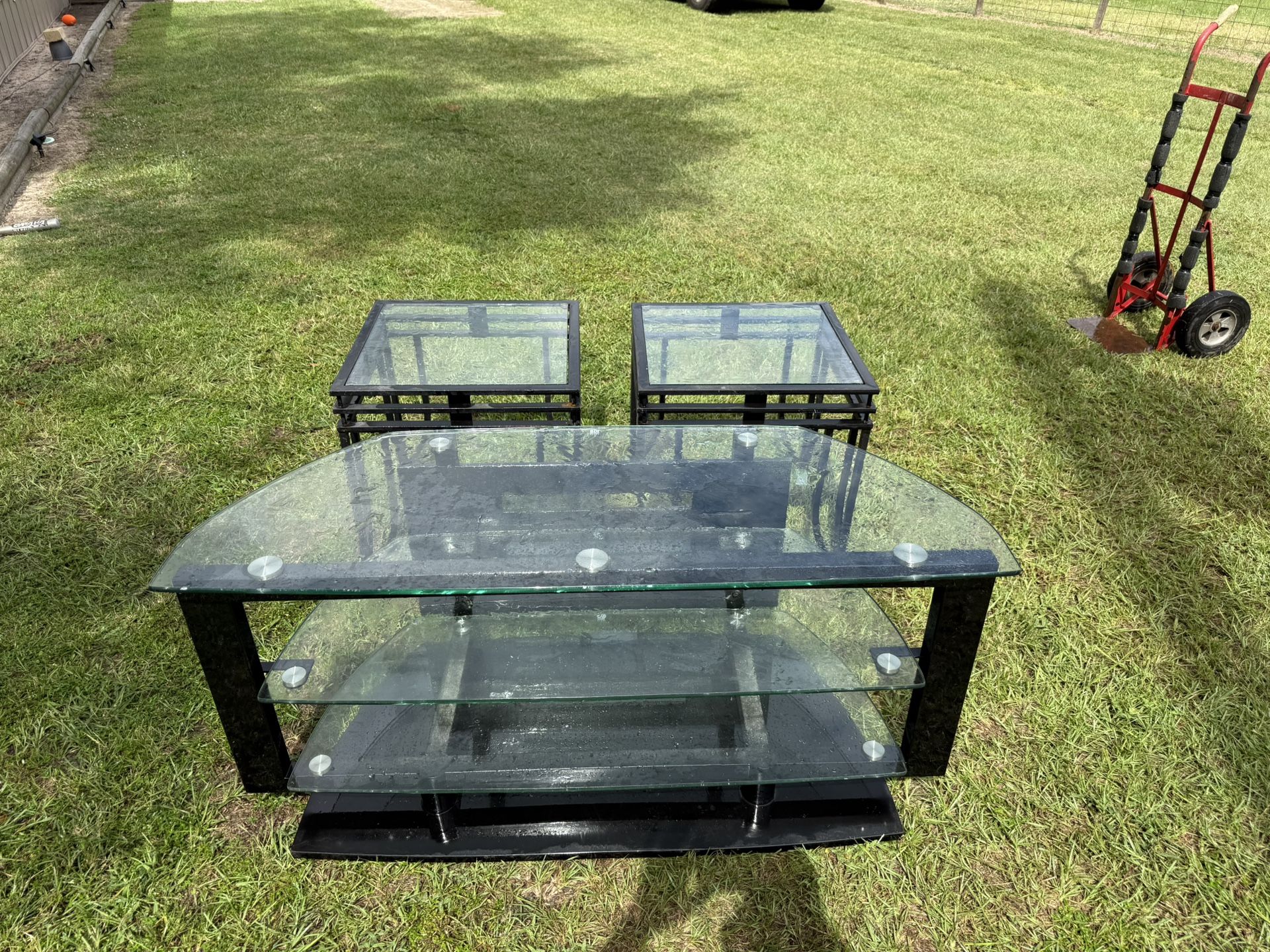 Metal/Glass Entertainment Center With Glass/ Metal End Tables