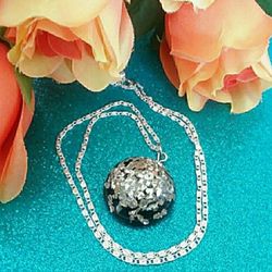 Black and silver crushed glitter glass round pendant on silver necklace new