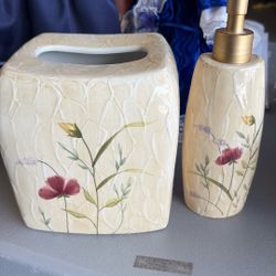 Bathroom, Ceramic Tissue Holder And Lotion Or Soap Dispenser
