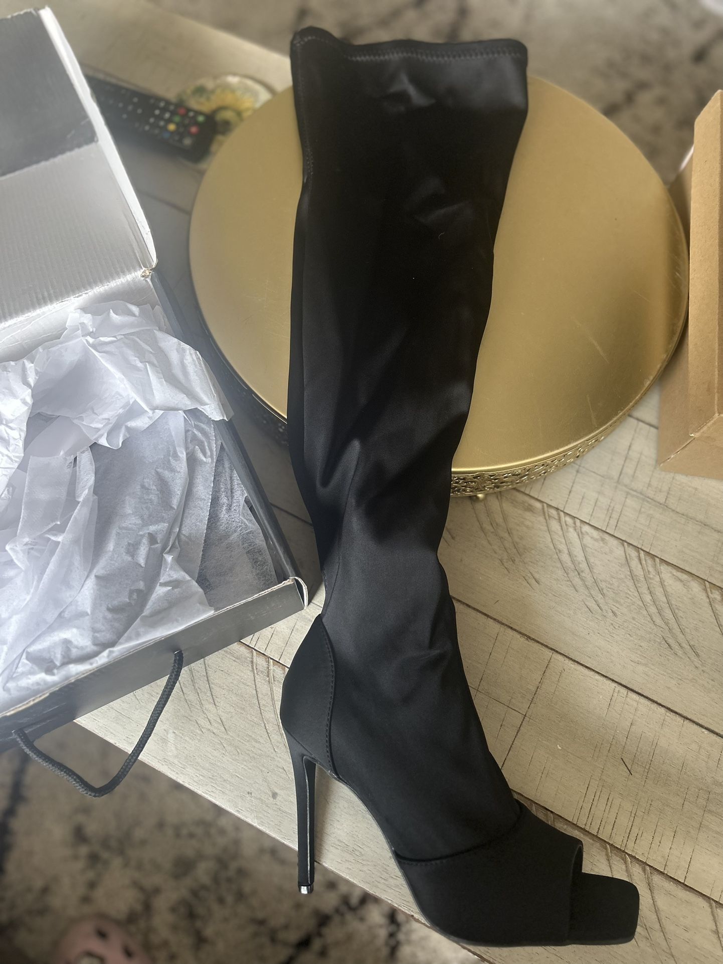 Women’s Thigh High Black Opened Toe Boots