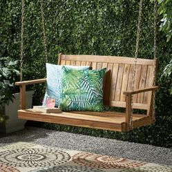 New in Box Outdoor Acacia Wood Porch Swing Chair, Wooden Hanging Chair, Hanging Bench, Teak Finish