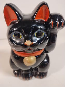 MANEKI NEKO Coinbank Japanese Lucky Cat TOKONAME yaki Right Hand Up Black Japan