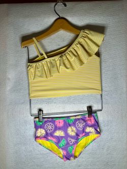 RuffleButts Girls Yellow Stripe Citrus Two Piece Ruffle Swimsuit Size 7