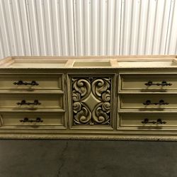 Large solid wood carvings, marble top dresser, two end tables, and headboard-PRICE REDUCED