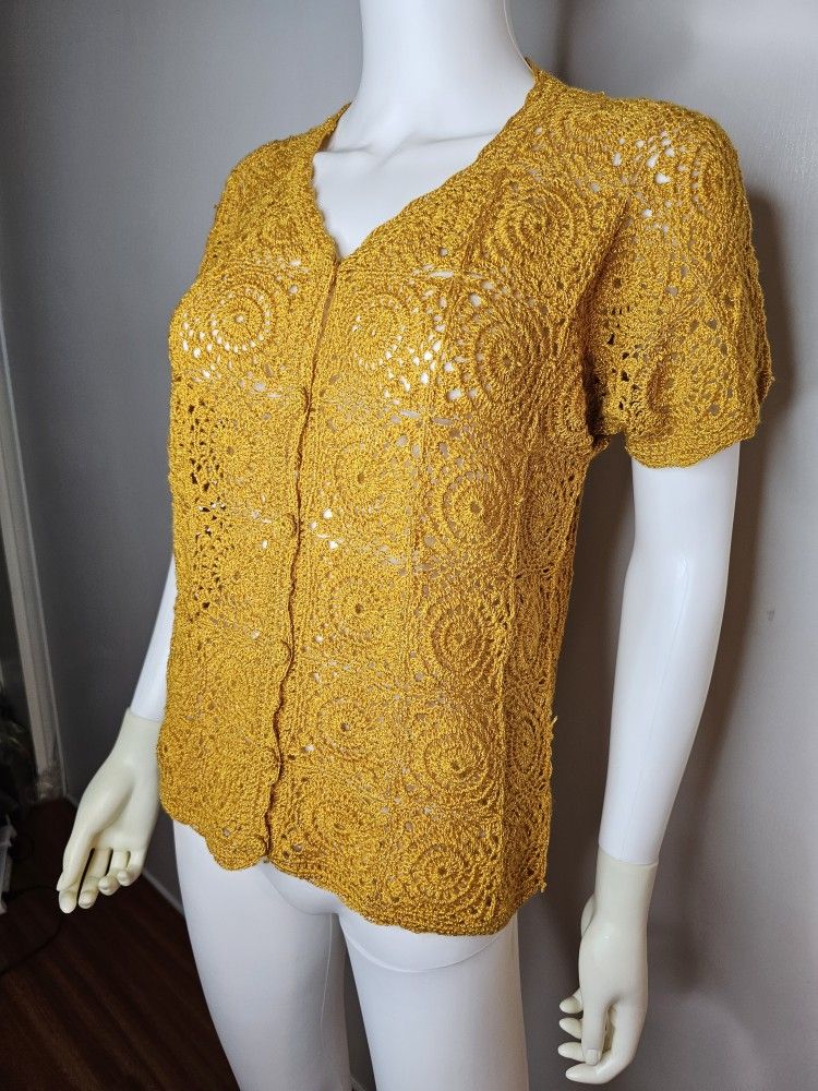 Womens Crochet Knit Button Up Top Sweater Boho Indie Hippie Retro